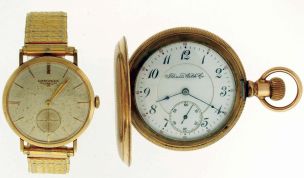 Watches- 2 (Two): A 16 size, 15 jewel Illinois Watch Co., Arabic numeral white enamel dial, gold filled hunting case pocket watch, serial #1569488, and a 17 jewel Longines wrist watch, caliber 23Z, silvered dial with baton markers, gold filled case and expansion band, serial #9477830
