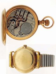 Watches- 2 (Two): A 16 size, 15 jewel Illinois Watch Co., Arabic numeral white enamel dial, gold filled hunting case pocket watch, serial #1569488, and a 17 jewel Longines wrist watch, caliber 23Z, silvered dial with baton markers, gold filled case and expansion band, serial #9477830