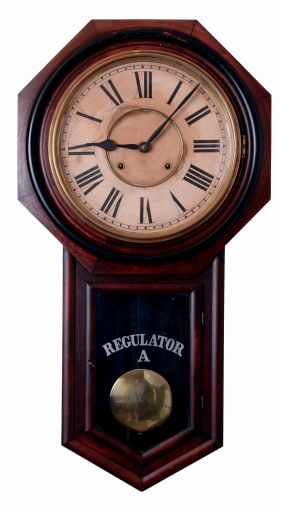 Ansonia Clock Co., New York, NY, "Regulator A" with a black walnut case and spring driven, 8 days, time and strike movement, c1884.