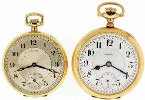 Pocket watches- 2 (Two): Both E. Howard Watch Co., (Keystone), Waltham, Mass., the first a 16 size series 10, 21 jewel nickel movement, adjusted to 5 positions and temperature, double sunk Montgomery Arabic numeral white enamel dial, gold filled open face case, the other a 12 size, 19 jewel nickel movement, adjusted to 5 positions and temperature, Arabic numeral metal dial, gold filled open face case, both with Howard boxes and paperwork, c1920