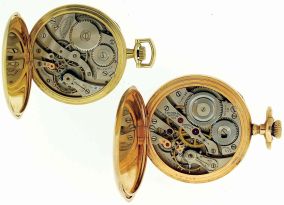 Pocket watches- 2 (Two): Both E. Howard Watch Co., (Keystone), Waltham, Mass., the first a 16 size series 10, 21 jewel nickel movement, adjusted to 5 positions and temperature, double sunk Montgomery Arabic numeral white enamel dial, gold filled open face case, the other a 12 size, 19 jewel nickel movement, adjusted to 5 positions and temperature, Arabic numeral metal dial, gold filled open face case, both with Howard boxes and paperwork, c1920