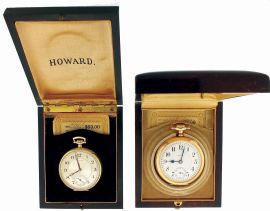 Pocket watches- 2 (Two): Both E. Howard Watch Co., (Keystone), Waltham, Mass., the first a 16 size series 10, 21 jewel nickel movement, adjusted to 5 positions and temperature, double sunk Montgomery Arabic numeral white enamel dial, gold filled open face case, the other a 12 size, 19 jewel nickel movement, adjusted to 5 positions and temperature, Arabic numeral metal dial, gold filled open face case, both with Howard boxes and paperwork, c1920