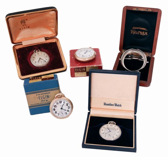 Pocket watches- 4 (Four), with boxes. Two 16 size Elgin, one a 21 jewel grade 590, the other a 17 jewel grade 616 with Montgomery dial, both in gold filled open face cases, a 12 size Elgin, 17 jewel nickel movement, Arabic numeral metal dial, and a 12 size Hamilton 912, 17 jewel nickel movement, Arabic numeral metal dial, gold filled open face case, together with a mahogany Waltham box