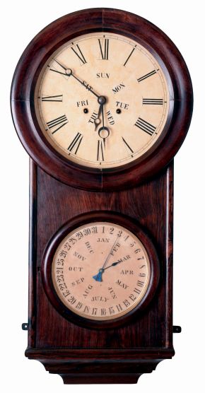 L.F. & W.W. Carter, Bristol, Conn., wall hanging Calendar clock with weight driven, 8 days timepiece movement and a BB Lewis perpetual calendar mechanism in a rosewood case, c1865.