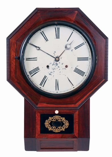 Atkins Clock Co., Bristol, Conn "Drop Octagon" wall clock in a rosewood case with a spring driven, 8 days, time & strike movement, c1863.
