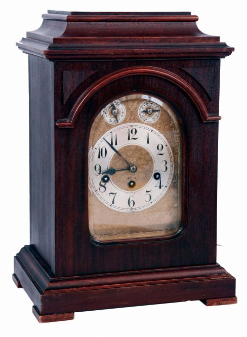 German, probably Junghans 8 days, time, strike and Westminster Chime, spring driven brass movement bracket clock, c1910