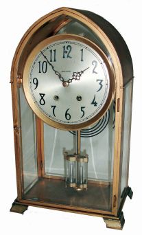 Seth Thomas Clock Co., Thomaston, Conn., "Crystal Gothic No. 2" brass and beveled glass, 8 days, time and strike, crystal regulator mantel clock, c1913