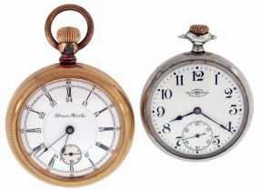 Pocket watches- 2 (Two): The first an 18 size, 23 jewel Hampden, Canton, OH, "New Railway", Roman and Arabic numeral Canadian white enamel dial, gold filled open face case, serial #1150361, the other a 17 jewel, 16 size Ball/ Waltham, Arabic numeral white enamel dial, silveroid Ball Model open face case, serial #B225632