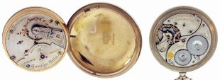 Pocket watches- 2 (Two): The first an 18 size, 23 jewel Hampden, Canton, OH, "New Railway", Roman and Arabic numeral Canadian white enamel dial, gold filled open face case, serial #1150361, the other a 17 jewel, 16 size Ball/ Waltham, Arabic numeral white enamel dial, silveroid Ball Model open face case, serial #B225632