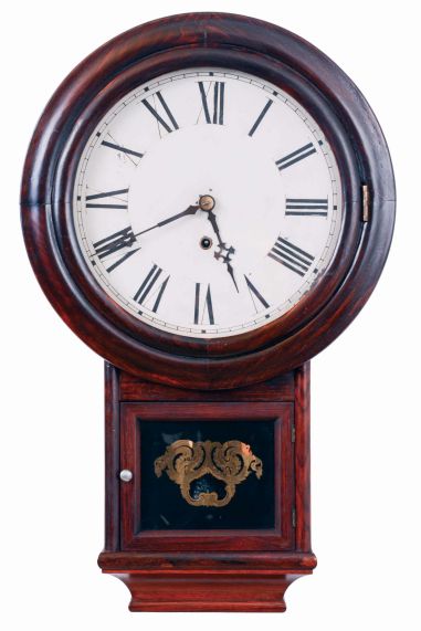 E. N. Welch Mfg. Co., Forestville, CT. "Round Top Drop" hanging clock in a rosewood case with an 8 day, spring driven timepiece movement, c1870.