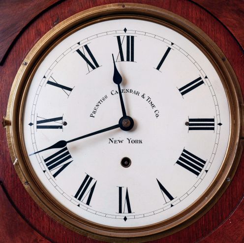Prentiss Improvement Clock Co., New York, EMPIRE model calendar 60 day, spring driven timepiece, with "Thrasher" style calendar mechanism, c1898.