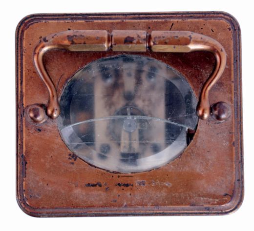France, for Bigelow, Kennard, & Co., Boston, Mass., hour repeating carriage clock with alarm, gilt Corniche case with bevelled glasses, Roman numeral white enamel dial with with Arabic chapter alarm, blued steel Breguet style hands, 8 days, time, strike and alarm movement with lever platform, repeating the last hour on demand, c1890 and a Waltham 8 days car clock in leather travel case