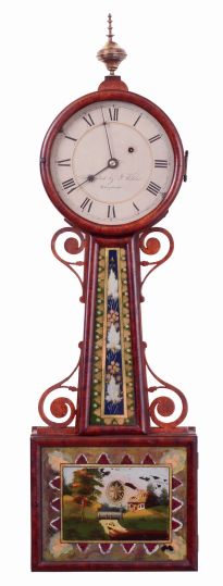 Joshua Wilder, Hingham, Mass., patent timepiece or banjo clock, mahogany case with bullnose molded frames, painted tablets, and four wooden side pieces of unusual form, Roman numeral, white painted iron dial, signed "Warranted by J. Wilder / Hingham", unusual blued steel hands, 8 days, weight driven timepiece movement, weight baffle with watch paper of J. Wilder, c1830