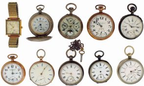 Pocket watches- 9 (Nine): All Swiss, makers including Mathey, Perret, Schneider, Billodes for the Turkish market, and others, also a Swiss triple calendar with phases of the moon, key and stem wind movements, including one with elaborate engraving, hunting and open face cases, silver and gold filled, together with a Benrus wrist watch