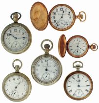 Pocket watches- 6 (Six): 18 size, 15 jewel Hampden, open face nickel case with inlaid gold stag on back, 18 size 21 jewel Hampden, open face nickel case with inlaid gold locomotive on back, 18 size New England Watch Co., Waterbury, Conn. "Addison" duplex escapement, open face display back case, 18 size 7 jewel Waltham, open face nickel case, 16 size 19 jewel Burlington Special, gold filled hunting case, and a 6 size 7 jewel Elgin, gold filled hunting case