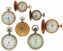 Pocket watches- 7 (Seven): 18 size, 11 jewel Rockford, nickel open face case with inlaid gold stag, 18 size, 15 jewel Elgin, open face coin silver case, three 16 size, 17 jewel Walthams, one with Ohara dial, two in engraved, gold filled hunting cases, the other in an engraved gold filled open face case, an 0 size, 7 jewel Waltham, engraved, gold filled hunting case, and an 0 size, 7 jewel Elgin, engraved gold filled hunting case