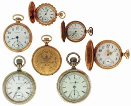 Pocket watches- 7 (Seven): 18 size, 11 jewel Rockford, nickel open face case with inlaid gold stag, 18 size, 15 jewel Elgin, open face coin silver case, three 16 size, 17 jewel Walthams, one with Ohara dial, two in engraved, gold filled hunting cases, the other in an engraved gold filled open face case, an 0 size, 7 jewel Waltham, engraved, gold filled hunting case, and an 0 size, 7 jewel Elgin, engraved gold filled hunting case