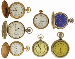 Pocket watches- 7 (Seven): 16 size, 15 jewel Elgin, engraved coin silver hunting case, 18 size, 17 jewel Elgin, engraved coin silver hunting case, 18 size, 17 jewel Hampden, nickel open face case, 16 size, 17 jewel Elgin, nickel open face case, 16 size, 15 jewel Elgin, engraved gold filled open face case, 16 size, 15 jewel Elgin, gold filled open face case, 12 size, 7 jewel Elgin, engraved gold filled open face case