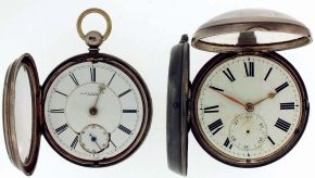 Pocket watches- 2 (Two): The first a pair cased verge fusee by Geo. Clerke, London, key wind and set gilt plate movement with pierced and engraved balance cock, Bosley regulator, and hacking seconds, sterling silver cases with London hallmark, and date letter for the year 1819, Roman numeral white enamel dial, and two interesting American watch papers in the outer case, the other a lever fusee by Robt. Waddington, Padham, 11 jewel key wind and set gilt movement, sterling silver open face consular case, with Chester hallmark, and date letter for the year 1886, Roman numeral white enamel dial