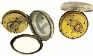 Pocket watches- 2 (Two): The first a pair cased verge fusee by Geo. Clerke, London, key wind and set gilt plate movement with pierced and engraved balance cock, Bosley regulator, and hacking seconds, sterling silver cases with London hallmark, and date letter for the year 1819, Roman numeral white enamel dial, and two interesting American watch papers in the outer case, the other a lever fusee by Robt. Waddington, Padham, 11 jewel key wind and set gilt movement, sterling silver open face consular case, with Chester hallmark, and date letter for the year 1886, Roman numeral white enamel dial