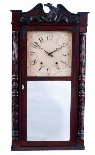 Riley Whiting, Winchester, Conn., carved column and splat shelf clock in a mahogany veneered case with a weight driven, 30 hours, time and strike wood movement, c1830.