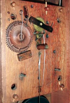 Riley Whiting, Winchester, Conn., carved column and splat shelf clock in a mahogany veneered case with a weight driven, 30 hours, time and strike wood movement, c1830.