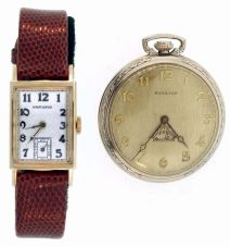 Watches- 2 (Two): A 12 size, 19 jewel Hamilton 918 "Rittenhouse" with secometer dial, engraved, white gold filled open face case, Arabic numeral brushed metal dial, blued steel hands, with original inner and outer boxes, serial #3145094, and a Hamilton wrist watch, 19 jewel 982 movement, 14 karat yellow gold case, Arabic numeral silvered dial, with lizard strap and later box, 26.5g TW