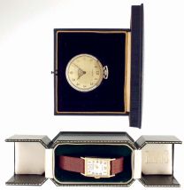 Watches- 2 (Two): A 12 size, 19 jewel Hamilton 918 "Rittenhouse" with secometer dial, engraved, white gold filled open face case, Arabic numeral brushed metal dial, blued steel hands, with original inner and outer boxes, serial #3145094, and a Hamilton wrist watch, 19 jewel 982 movement, 14 karat yellow gold case, Arabic numeral silvered dial, with lizard strap and later box, 26.5g TW