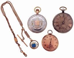 Pocket watches- 2 (Two): An English lever fusee, Roman numeral engine turned silver dial, sterling silver consular case with London hallmark and date letter for the year 1862; gold filled Gruen Veri Thin 17 jewel gilt movement, Arabic numeral metal dial, together with a 12 size coin silver hunting case (only) with multi color gold decoration, and a gold filled Victorian slide chain