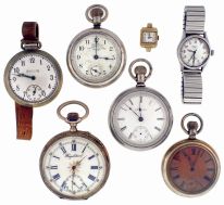 Pocket watches- 5 (Five): A large Swiss lever pocket watch Roman numeral enamel dial, stem wind, pin set skeletonized bar movement, engraved coin silver open face case, 18 size, 15 jewel Elgin, Roman numeral white enamel dial, nickel open face case, and three dollar watches, together with an "Imperial" bumper automatic wrist watch in an interesting waterproof case, and a lady