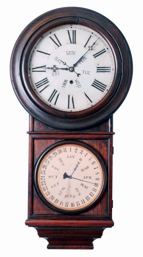 Welch, Spring & Co., Forestville, Conn., "Round Head Regulator No. 4", 8 days, spring driven brass movement, B. B. Lewis double dial calendar wall timepiece, c1878