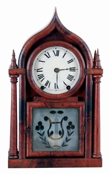 Brewster & Ingrahams, Bristol. Conn., 4 Column Ogee Gothic mahogany shelf clock with 8 days, brass spring driven movement with rack and snail strike, c1848,