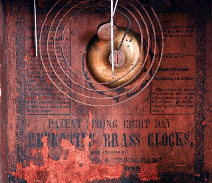 Brewster & Ingrahams, Bristol. Conn., 4 Column Ogee Gothic mahogany shelf clock with 8 days, brass spring driven movement with rack and snail strike, c1848,