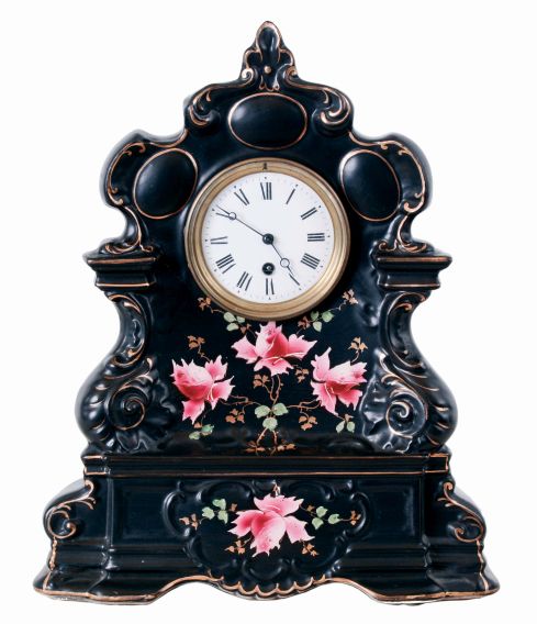 French, 8 days, spring brass movement porcelain shelf timepiece, c1900