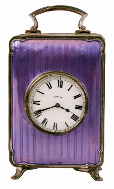 Travel Clock, sterling silver case with purple faux enamel front, case with Birmingham hallmark and date letter for the year 1916, Roman numeral white enamel dial, blued steel hands, 8 days timepiece movement