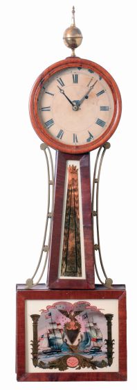 Attributed to Job Wilbour, Newport, Rhode Island, 8 days, weight brass movement "banjo" timepiece with Newport-style "A" Frame movement, c1840.