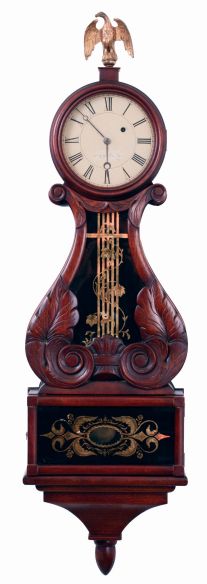Victor Wadlund, reproduction lyre clock. Mahogany case with leaf and scroll carved throat panel, eagle finial, tablets with gilt ornament on a black painted ground, Roman numeral white painted sheet metal dial, 8 days, weight driven timepiece movement, dated 1952.