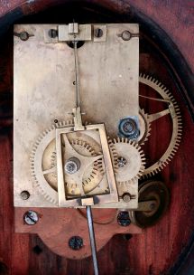 Victor Wadlund, reproduction lyre clock. Mahogany case with leaf and scroll carved throat panel, eagle finial, tablets with gilt ornament on a black painted ground, Roman numeral white painted sheet metal dial, 8 days, weight driven timepiece movement, dated 1952.
