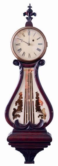 Boston area lyre clock, mahogany and mahogany veneer case with heavily molded base and acanthus carved bracket, throat panel with leaf and scroll carving and decorated tablet, brass bezel with convex glass, Roman numeral white painted metal dial, blued steel barbed hands, 8 days, weight driven timepiece movement, c1830 with alterations.