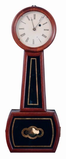 Boston area banjo in the E. Howard style, mahogany case with convex molded frames, turned wooden bezel, Roman numeral white painted zinc dial, blued steel barbed hands, 8 days, weight driven timepiece movement, c1850