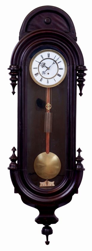 Austria, single weight "Vienna Regulator" Round top case, porcelain dial with embossed bezel, smooth faced pendulum and weight, c1870