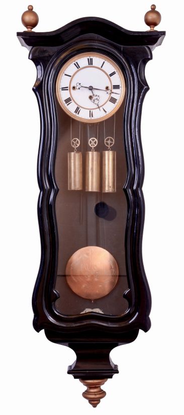 Austrian, 3-weight, Grand Sonnerie, Vienna Regulator, in a dark serpentine case with 2 gilt finials, striking quarter hours on two long steel rods at top of case, c1870, with restorations.