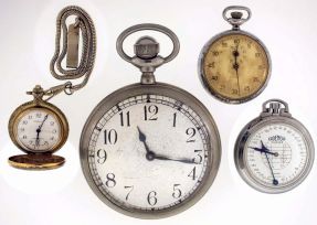 Pocket watches- 2 (Two): An oversized, 8 days, Elgin, Arabic numeral metal dial, blued steel hands, now in a Swiss nickel case, a Citron Swiss, brass hunting case, Arabic numeral white dial, together with a pocket metronome, and a Swiss stop watch, all 20th century