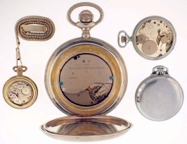 Pocket watches- 2 (Two): An oversized, 8 days, Elgin, Arabic numeral metal dial, blued steel hands, now in a Swiss nickel case, a Citron Swiss, brass hunting case, Arabic numeral white dial, together with a pocket metronome, and a Swiss stop watch, all 20th century