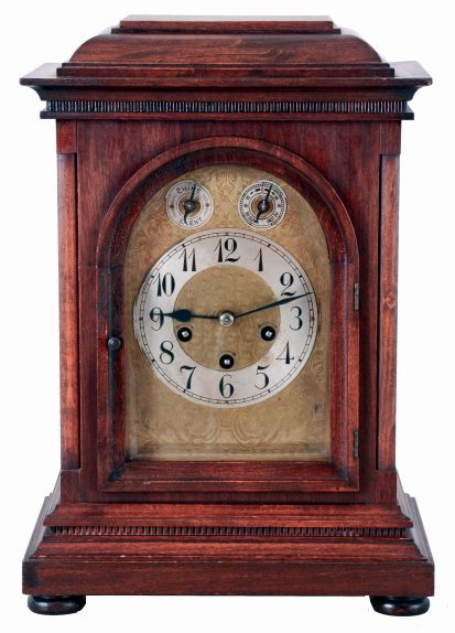 German, Junghans 8 days, time and strike, three train Westminster chime, spring driven brass movement bracket clock, c1910