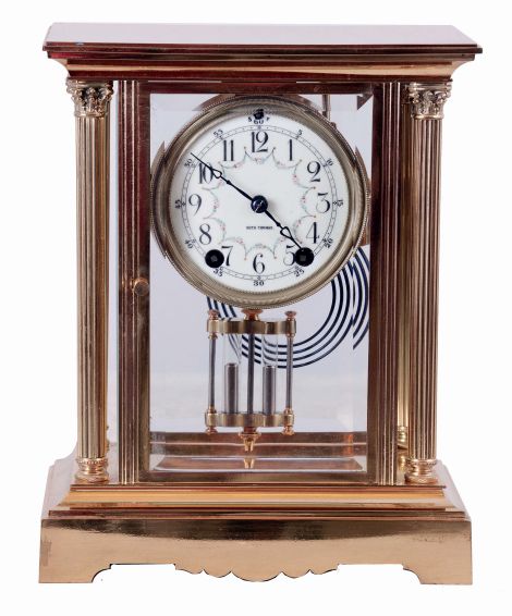Seth Thomas Clock Co., Thomaston, Conn., "Empire No. 64" crystal regulator, 8 days, time and strike, spring driven movement, polished brass and glass case, c1909.