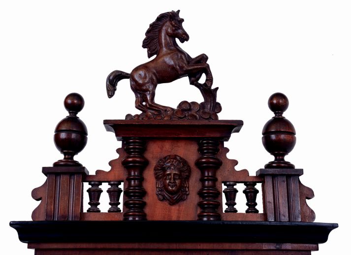 German, 2-weight, gong strike, "Vienna Regulator" in a walnut veneer case and with original top surmounted by a horse, c1875