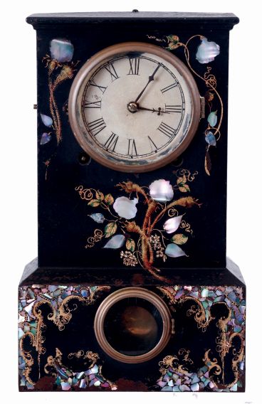 Terry & Andrews, Bristol Conn., iron-case mantel clock with M.O.P decoration and 8 days, time & strike movement, c1848.