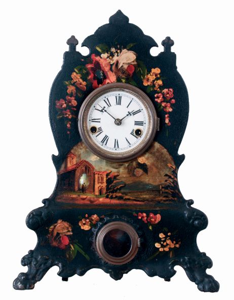 American Clock Co., 3 Cortlandt St., New York, NY, Painted Iron Front shelf clock with a spring driven, 30 hours time and strike movement, c1855.