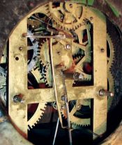 American Clock Co., 3 Cortlandt St., New York, NY, Painted Iron Front shelf clock with a spring driven, 30 hours time and strike movement, c1855.